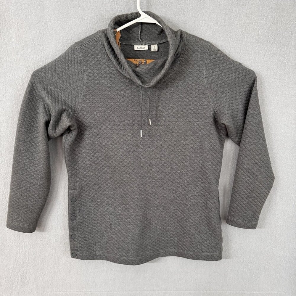 LL Bean Pullover Womens Medium Gray Quilted Snap Side Cowl Neck Sweater Casual